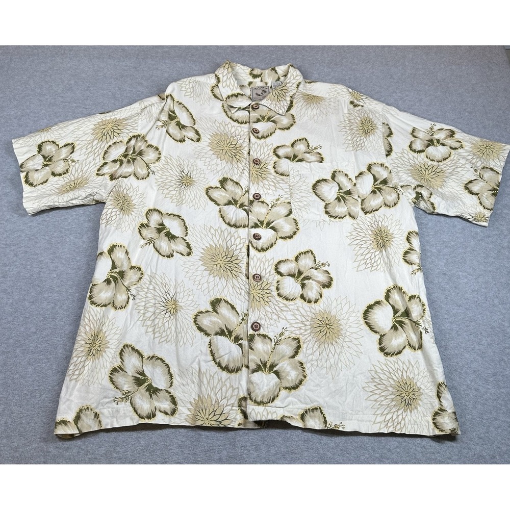 Colo Wear Hawaiian Shirt Mens XL Ivory Hibiscus Flower Aloha Cotton Rayon